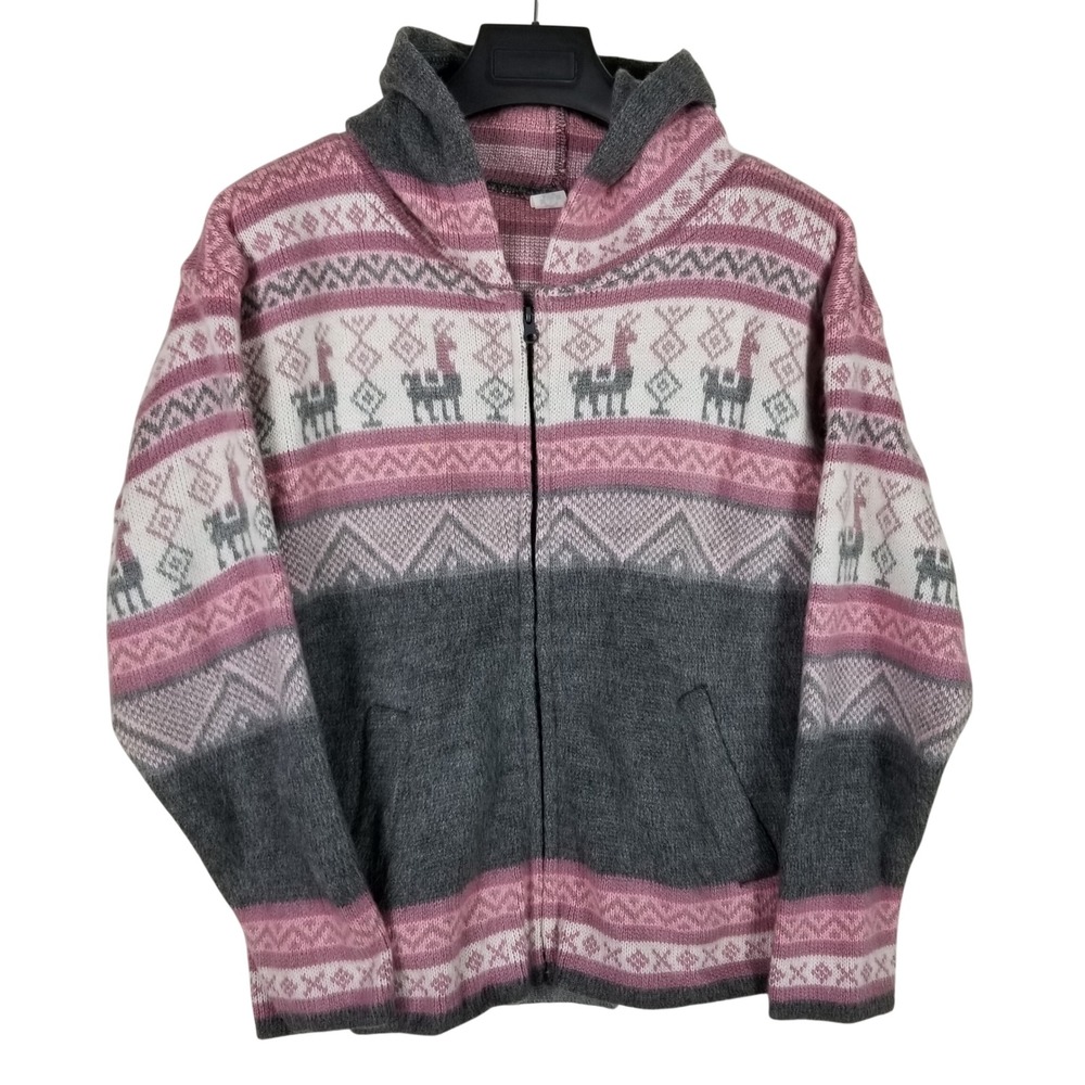 Andino Artesanias Hooded Sweater Women M  Llama Wool Zip Up Handcrafted